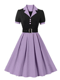 Ladies new fashion polka dot lapel short sleeve belt slim dress