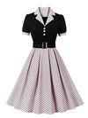 Ladies new fashion polka dot lapel short sleeve belt slim dress