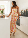 Sexy printed halter neck tie backless skirt slit long dress