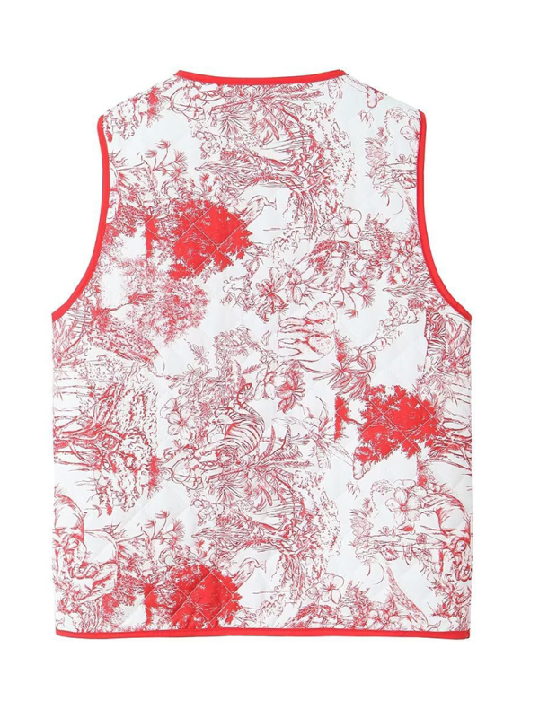 Ladies New Retro Printed Patch Pocket Quilted Cotton Vest