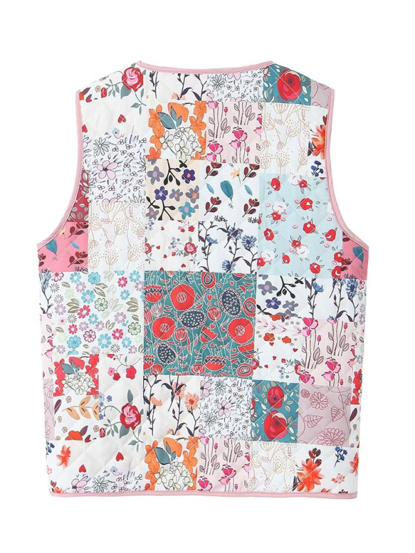 Ladies New Retro Printed Patch Pocket Quilted Cotton Vest