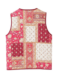 Ladies New Retro Printed Patch Pocket Quilted Cotton Vest