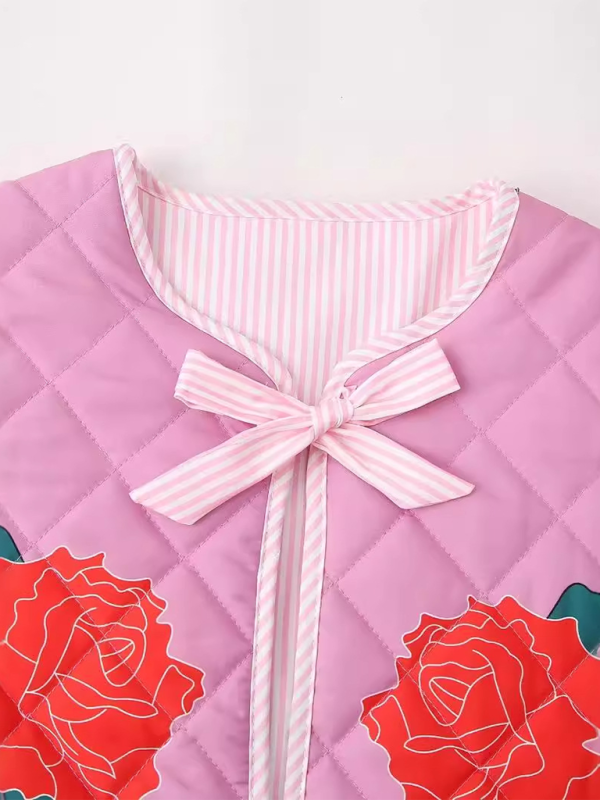 New women's autumn and winter rose print bow cotton coat