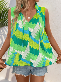 Women's Casual Green Lace-Up Plant Print Sleeveless Shirt