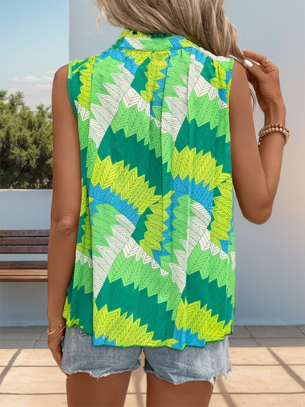 Women's Casual Green Lace-Up Plant Print Sleeveless Shirt