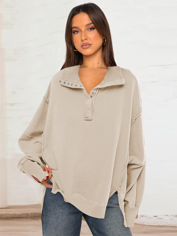 Women's Lantern Sleeve Decorative Lines Split Lapel Loose Sweatshirt