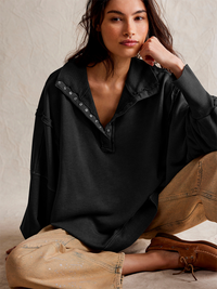 Women's Lantern Sleeve Decorative Lines Split Lapel Loose Sweatshirt