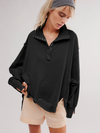 Women's Lantern Sleeve Decorative Lines Split Lapel Loose Sweatshirt