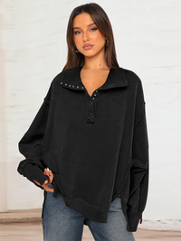 Women's Lantern Sleeve Decorative Lines Split Lapel Loose Sweatshirt