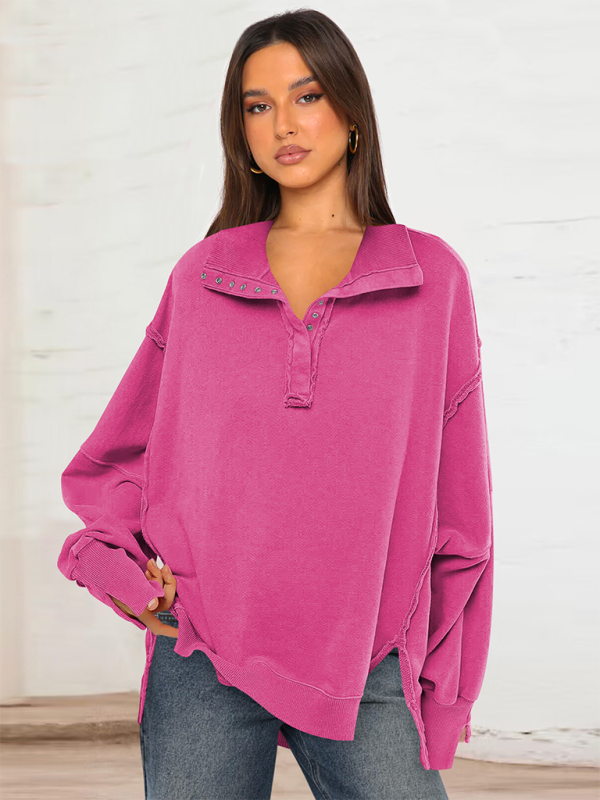 Women's Lantern Sleeve Decorative Lines Split Lapel Loose Sweatshirt