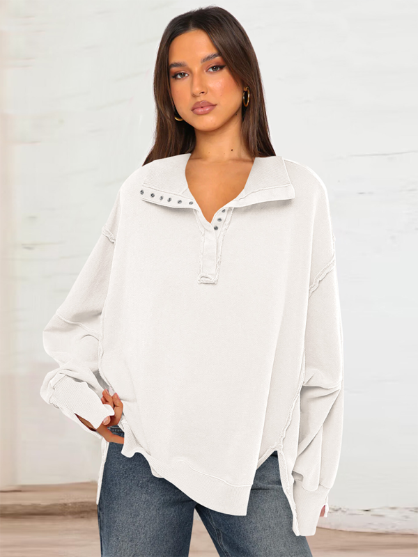 Women's Lantern Sleeve Decorative Lines Split Lapel Loose Sweatshirt