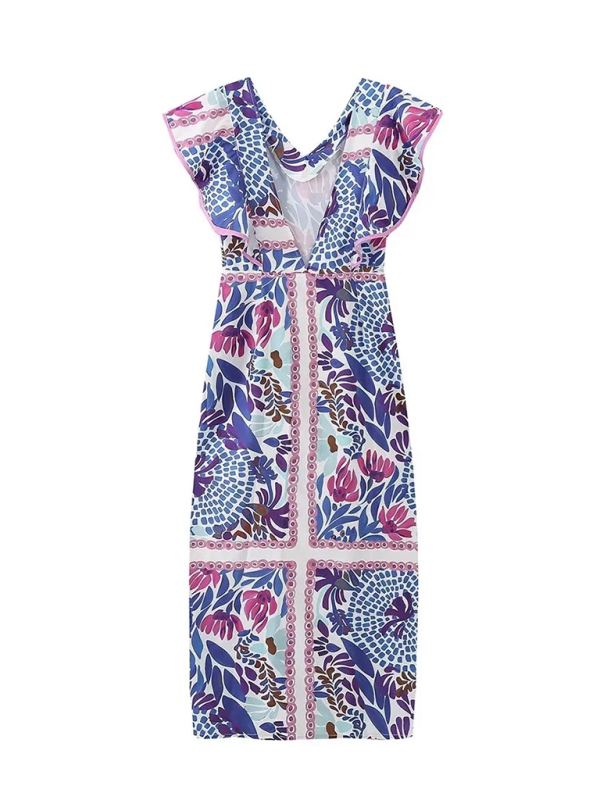 New V-neck ruffled backless printed dress