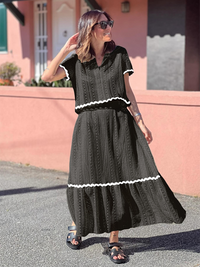 New women's comfortable casual shirt collar lace long skirt suit