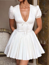 New V-neck puff sleeve solid color bow pleated dress