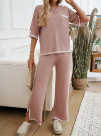 Contrast color short-sleeved trousers and sweater set