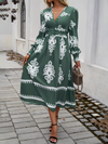 Contrast color print elegant v-neck long sleeve dress