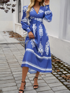 Contrast color print elegant v-neck long sleeve dress