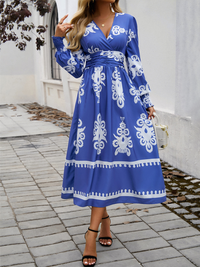 Contrast color print elegant v-neck long sleeve dress