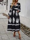 Contrast color print elegant v-neck long sleeve dress