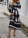 Contrast color print elegant v-neck long sleeve dress