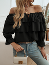 Loose-fitting pleated off-shoulder balloon sleeve top