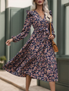 Ruffled long sleeve printed v-neck dress