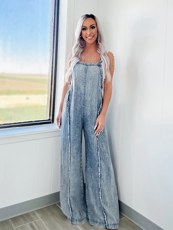 Vintage washed raw edge wide leg jumpsuit loose overalls