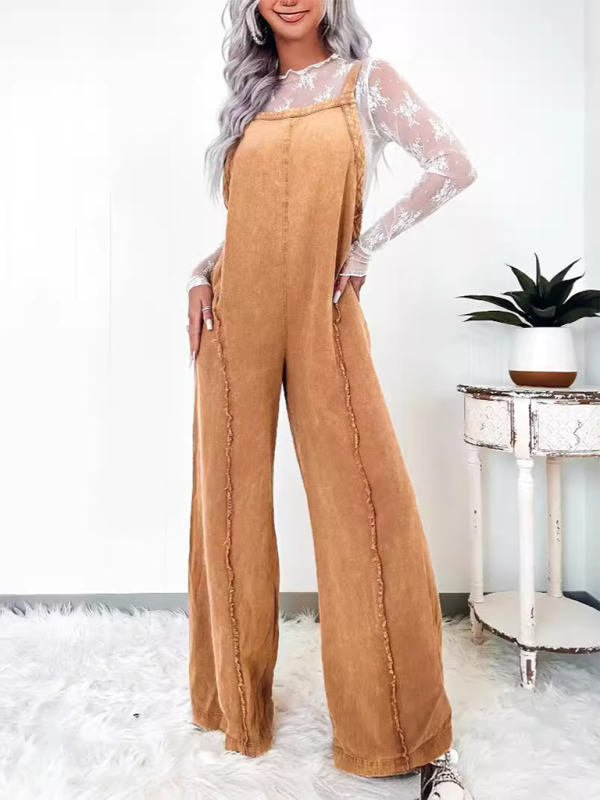 Vintage washed raw edge wide leg jumpsuit loose overalls