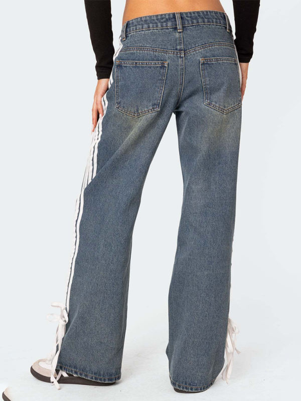 Fashion loose side drawstring wide-leg women's jeans