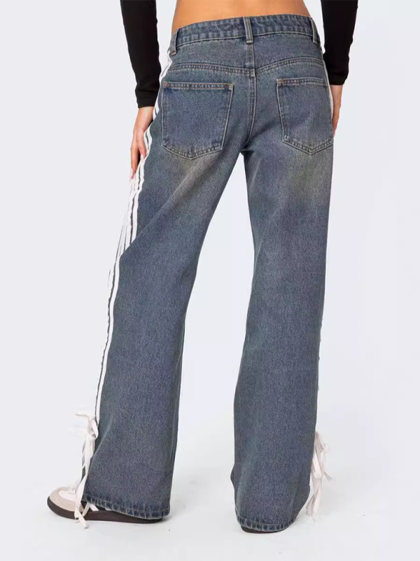 Fashion loose side drawstring wide-leg women's jeans