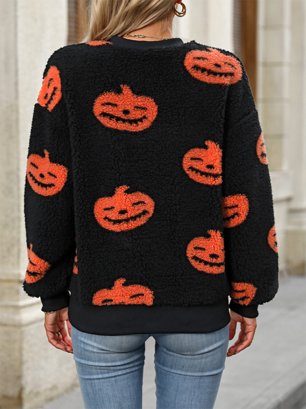 Fashion Loose Halloween Print Plush Loose Pullover Sweatshirt