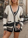 Knitted Jacket V-Neck Large Size Pocket Colorblock Cardigan Sweater