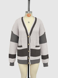 Knitted Jacket V-Neck Large Size Pocket Colorblock Cardigan Sweater