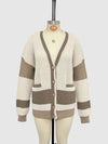 Knitted Jacket V-Neck Large Size Pocket Colorblock Cardigan Sweater