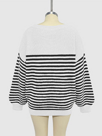 Fashion striped color block knitted long sleeve round neck sweater