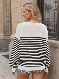 Fashion striped color block knitted long sleeve round neck sweater