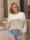 Fashion striped color block knitted long sleeve round neck sweater