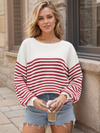 Fashion striped color block knitted long sleeve round neck sweater