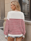 Fashion striped color block knitted long sleeve round neck sweater