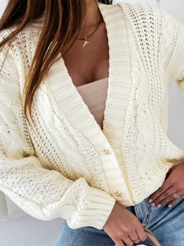 New Casual Sweater Jacket V-Neck Button Cable Knit Cardigan