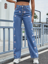 Fashion Love Heart Embroidery Casual High Waist Straight Jeans Trousers