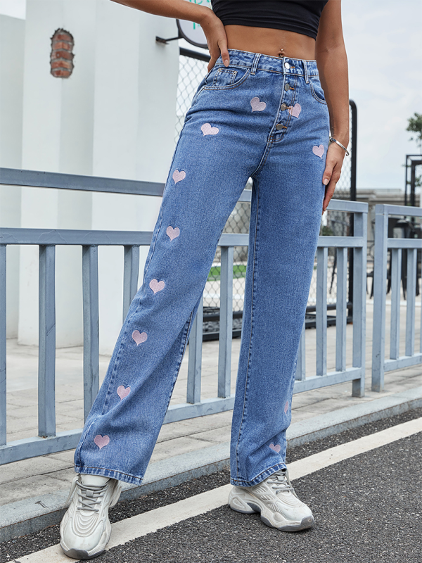 Fashion Love Heart Embroidery Casual High Waist Straight Jeans Trousers