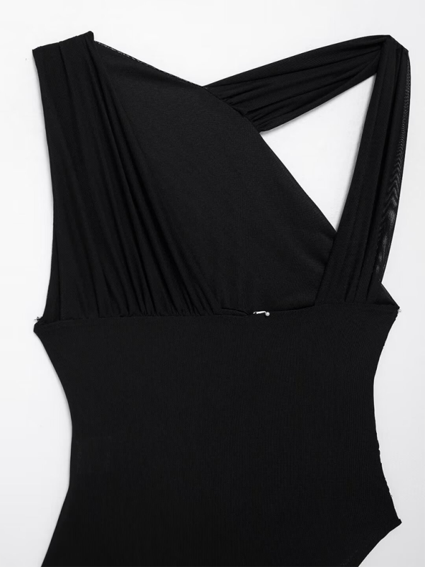 New asymmetric pleated tulle bodysuit