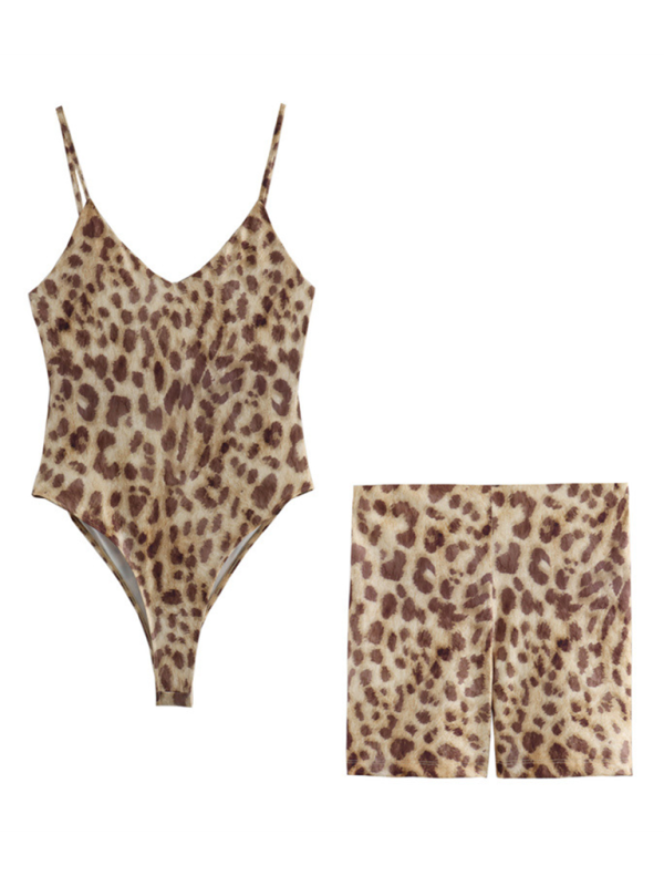 New Leopard Print Pullover V-Neck Suspender Bodysuit/Short Casual Pants