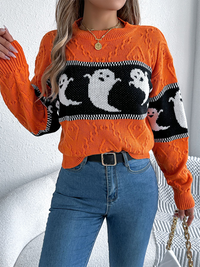 Halloween Themed Spooky Clashing Color Knit Long Sleeve Pullover Sweater