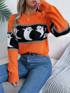 Halloween Themed Spooky Clashing Color Knit Long Sleeve Pullover Sweater