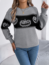 Halloween-themed pumpkin head color-blocked knit long sleeve pullover sweaterr