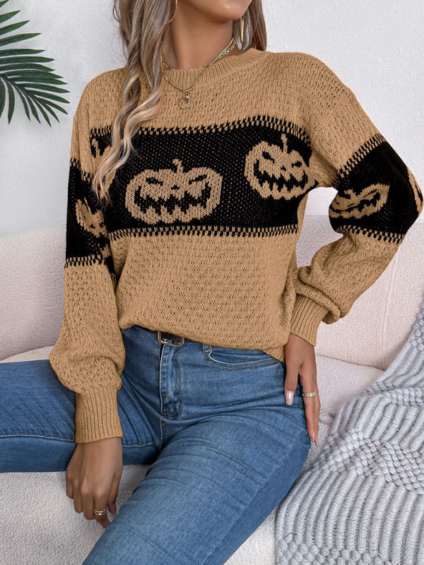 Halloween-themed pumpkin head color-blocked knit long sleeve pullover sweaterr