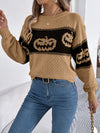 Halloween-themed pumpkin head color-blocked knit long sleeve pullover sweaterr