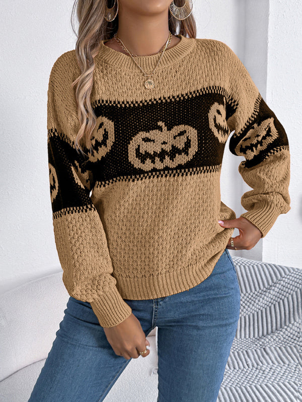 Halloween-themed pumpkin head color-blocked knit long sleeve pullover sweaterr